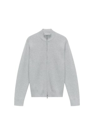 Gray zip-up sweater with a high collar, soft texture, ribbed cuffs, and hem. No visible patterns or accents. Lightweight and casual design.