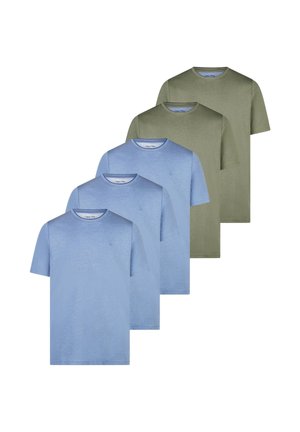 Fünf kurzärmelige T-Shirts mit Rundhalsausschnitt in einfarbigen Farben, drei hellblaue vorne und zwei olivgrüne hinten.