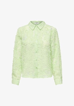 Jasnozielona koszula z teksturowanym, puszystym wzorem, z zapięciem na guziki, kołnierzykiem i długimi rękawami. Miękki, przezroczysty materiał.