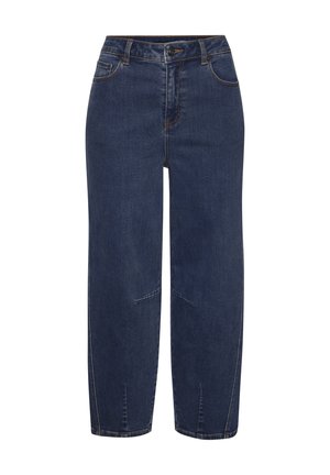 Dunkelblaue Denim-Jeans mit geradem Bein, vorderen Taschen, Gürtelschlaufen, Knopfverschluss und sichtbaren Nahtdetails.