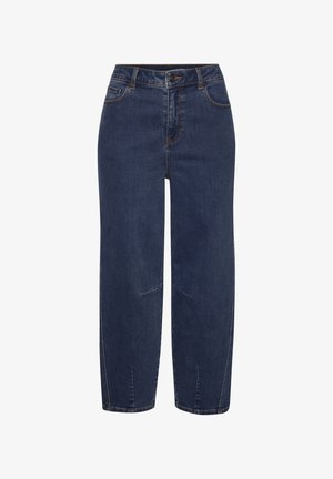 Straight-leg dark blue denim jeans with front pockets, belt loops, button closure, and visible seam details.