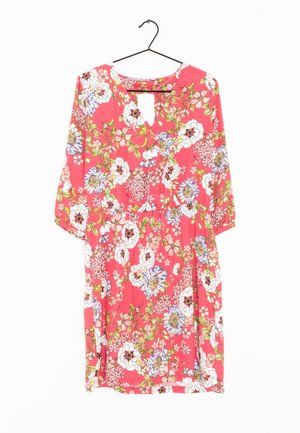 Floral dress featuring a coral background with white, blue, and green flowers; knee-length, with three-quarter sleeves and a keyhole neckline.