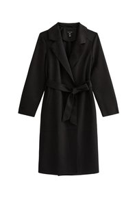 Svart trenchcoat med bälte i midjan, långa ärmar, slagkrage och sidofickor; tillverkad av slätt tyg med en matt finish.