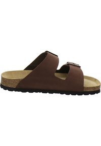 Brown slide sandal featuring two adjustable straps, tan cork footbed, and black rubber sole with a textured tread.