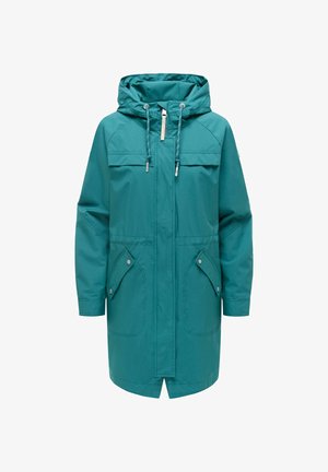 Teal waterproof long jacket with hood, front zipper with flap, drawstring, and two front snap-button flap pockets.