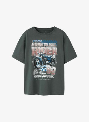 Dark gray T-shirt with vintage-style motorcycle graphic and text "Born to Race Rider," number 92, and racing-themed design elements.