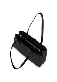 Svart skinn skulderveske med to stropper, åpen topp som avslører et glidelåsinnvendig rom med glitrende gulltonet glidelås.