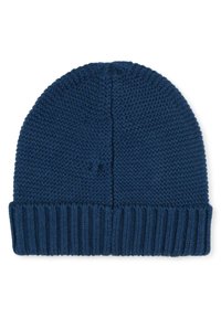 Berretto lavorato a maglia di colore blu scuro con risvolto a coste. Presenta una superficie liscia e una parte superiore senza cuciture con un sottile dettaglio cucito.