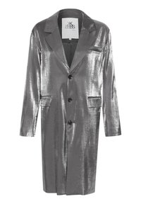 Silver metallic blazer with a long design, notch lapels, two front pockets, and a button closure. Smooth texture with a glossy finish.