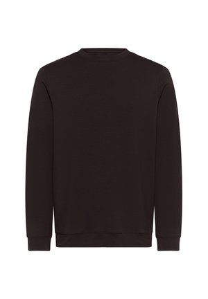 Felpa nera a maniche lunghe realizzata in materiale morbido, con colletto a girocollo a costine, polsini e orlo, caratterizzata da una superficie liscia.