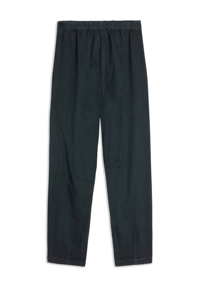 Pantaloni in lino verde scuro con vita elastica, vestibilità rilassata, gambe dritte e una texture liscia, senza hardware o dettagli visibili.