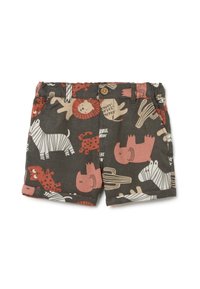 Shorts en coton avec une base gris foncé, présentant un imprimé animal ludique dans des couleurs comme le rose, le rouge et la crème. Comprend un bouton.