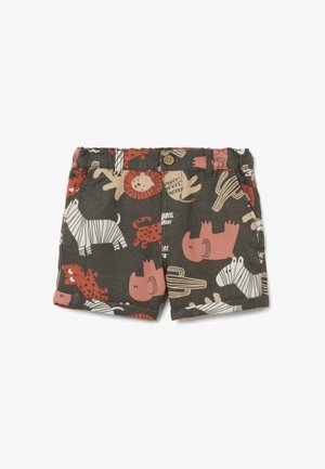 Baumwollshorts mit einem dunkelgrauen Hintergrund, der Tiermuster in Rot, Rosa und Creme zeigt; mit Knopfverschluss und elastischem Bund.