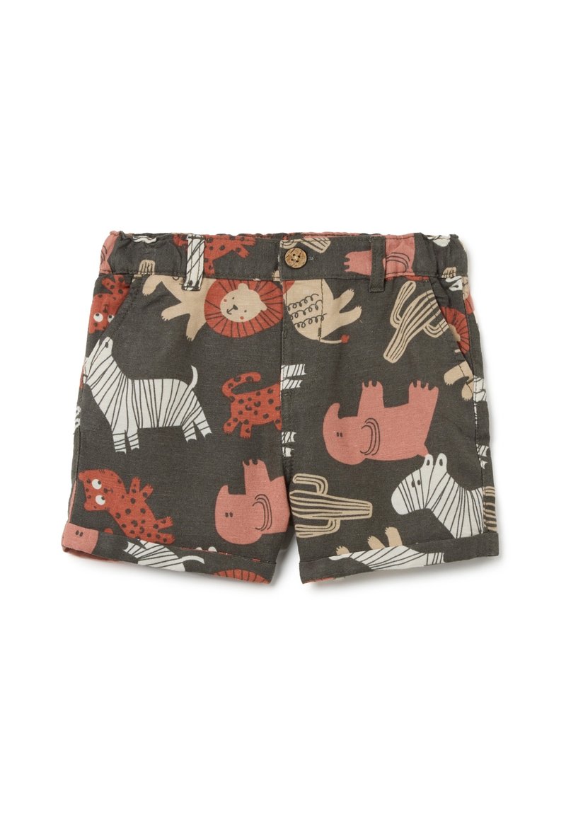 Shorts en coton avec une base gris foncé, présentant un imprimé animal ludique dans des couleurs comme le rose, le rouge et la crème. Comprend un bouton.