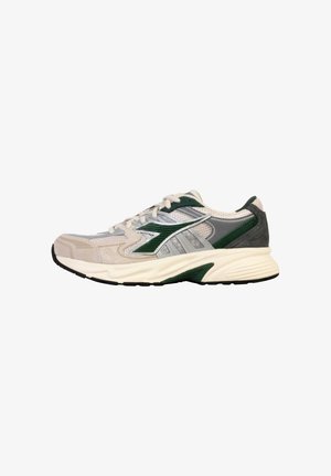 Running shoe featuring a blend of gray mesh and suede, green accents, a thick white midsole, and black rubber outsole.
