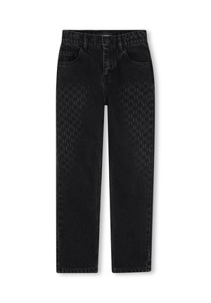 Zwarte recht pijp jeans met voor- en achterzakken, riemlussen, knoopsluiting en een subtiel getextureerd diamantpatroon op de dijen.