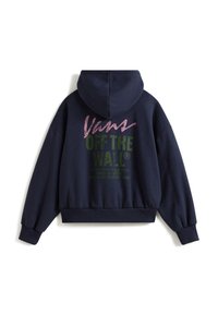 Marineblauwe hoodie met een voorzak in kangoeroestijl, oversized vorm en een gestructureerde capuchon. Heeft roze en groene bedrukte tekst op de achterkant.