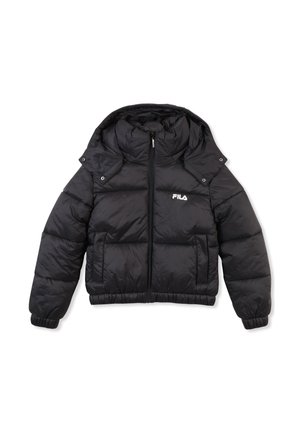 Veste matelassée noire avec fermeture éclair à l'avant, capuche et cuffs élastiques. Elle arbore un logo FILA sur la poitrine gauche et est matelassée pour l'isolation.
