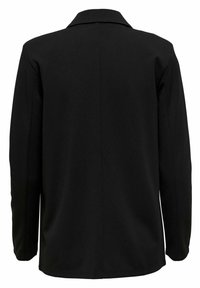Schwarze, maßgeschneiderte Jacke mit glatter Textur, langen Ärmeln, Kragen und mittellanger Schnittform. Keine sichtbaren Verschlüsse oder Verzierungen.