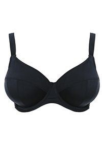 Svart bh med undertråder, glatt stoff, polstrede kopper, justerbare stropper og et enkelt design. Har en sømløs finish og en klassisk form.