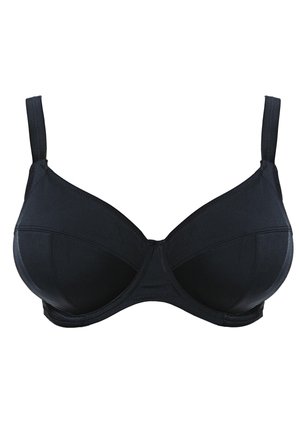 Soutien-gorge noir avec armatures en tissu lisse, bonnets rembourrés, bretelles réglables et un design simple. Présente une finition sans couture et une forme classique.