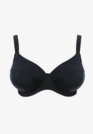 Schwarzer Bügel-BH aus glattem Stoff, mit gepolsterten Cups, verstellbaren Trägern und einem schlichten Design. Verfügt über eine nahtlose Verarbeitung und eine klassische Form.