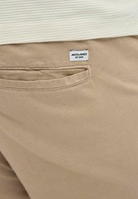 Beżowe spodnie o gładkiej strukturze, z tylną kieszenią i metką z napisem "JACK & JONES EST. 1990." Prosty design z czystymi liniami.