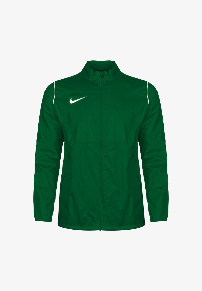 Groene windjack met een hoge kraag, ritssluiting aan de voorkant, witte accenten en een opvallend wit Nike-logo op de linkerborst.