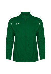 Giacca a vento verde con zip frontale, colletto alto, dettagli bianchi sulle spalle e logo Nike sul petto sinistro. Tessuto leggero e con texture.