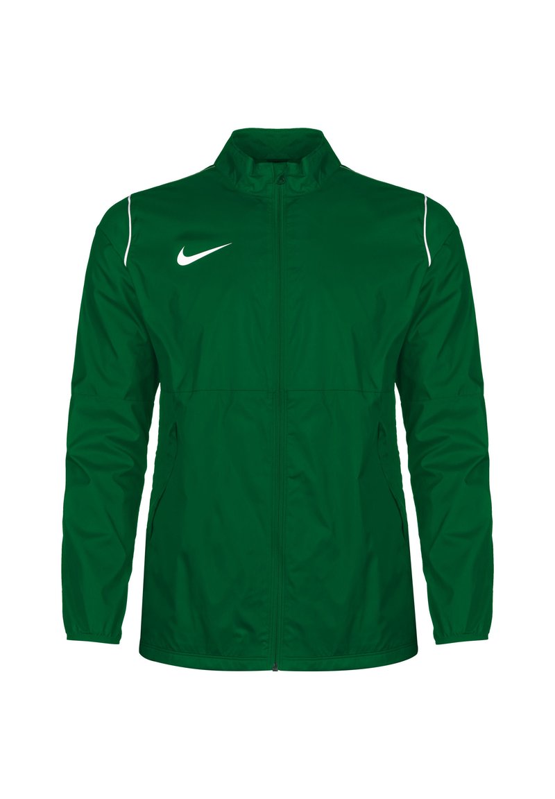 Giacca a vento verde con zip frontale, colletto alto, dettagli bianchi sulle spalle e logo Nike sul petto sinistro. Tessuto leggero e con texture.