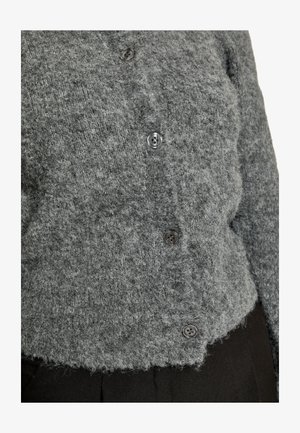 Sivi pleteni kardigan s mekanom, dlakavom teksturom. Ima pet okruglih crnih gumba i blago skraćeni rub.