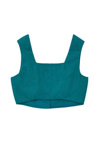 Top corto in lino teal con scollatura quadrata ampia e spalline larghe. Caratterizzato da un corpetto strutturato e un orlo dritto, che enfatizza il design minimalista.