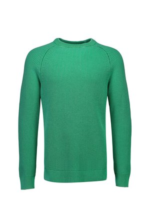 Grøn strikket langærmet sweater med rund hals og ribbede manchetter og kant, vist på en hvid baggrund.