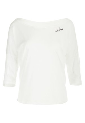 White, loose-fitting top with wide neckline and three-quarter sleeves. Features a small black logo on the left shoulder. Smooth texture.