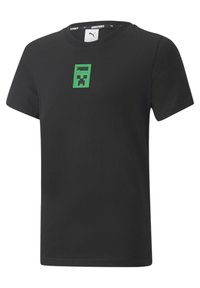 T-shirt nera a maniche corte di Puma con il logo di una faccia di Creeper di Minecraft verde centrato sul petto.