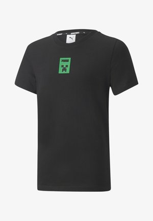 Zwarte korte mouwen Puma T-shirt met een groen Minecraft Creeper gezicht logo in het midden van de borst.