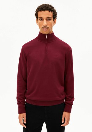 Mann mit kurzen lockigen Haaren und Schnurrbart, der einen burgunderfarbenen Pullover mit Viertelreißverschluss und schwarze Hose trägt, steht vor einem weißen Hintergrund.