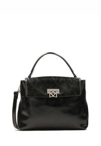 Čierna kožená kabelka s pevnou štruktúrou, horným úchytom, odnímateľným ramenným popruhom a strieborným uzáverom.