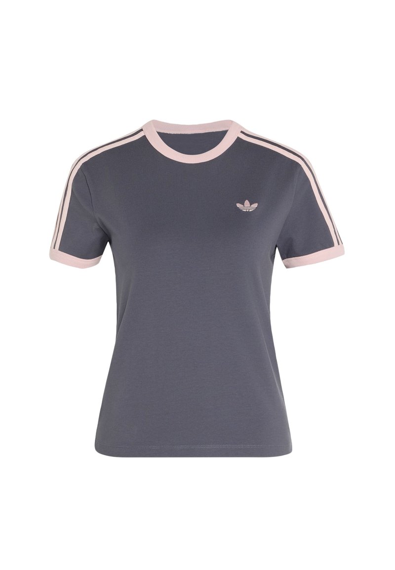 Mørkegrå T-shirt med korte ærmer med lyserød kant ved krave, ærmer og skulderstriber, med lille Adidas-logo på venstre bryst.