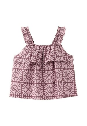 Haut sans manches pour tout-petit de couleur rose et violette avec des bretelles à volants et un motif floral semblable à des marguerites sur tout le tissu.