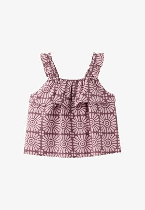 Rukávovo nepripnutý ružovo-fialový detský top s volánikovými ramienkami a kvetinovým vzorom pripomínajúcim margaréty po celej látke.