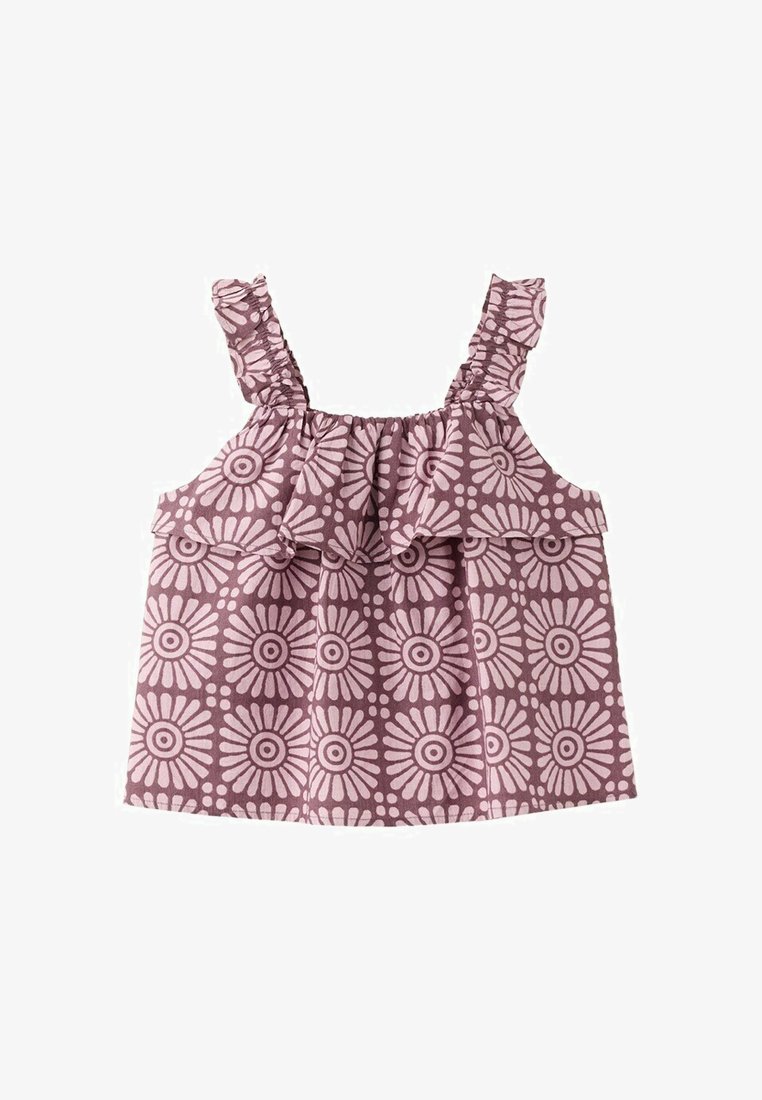 Haut sans manches pour tout-petit de couleur rose et violette avec des bretelles à volants et un motif floral semblable à des marguerites sur tout le tissu.