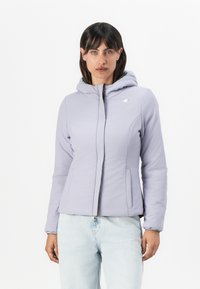 Light lavender hooded jacket with a zip front, side pockets, and elastic cuffs. Features a subtle logo on the chest. Smooth fabric texture.