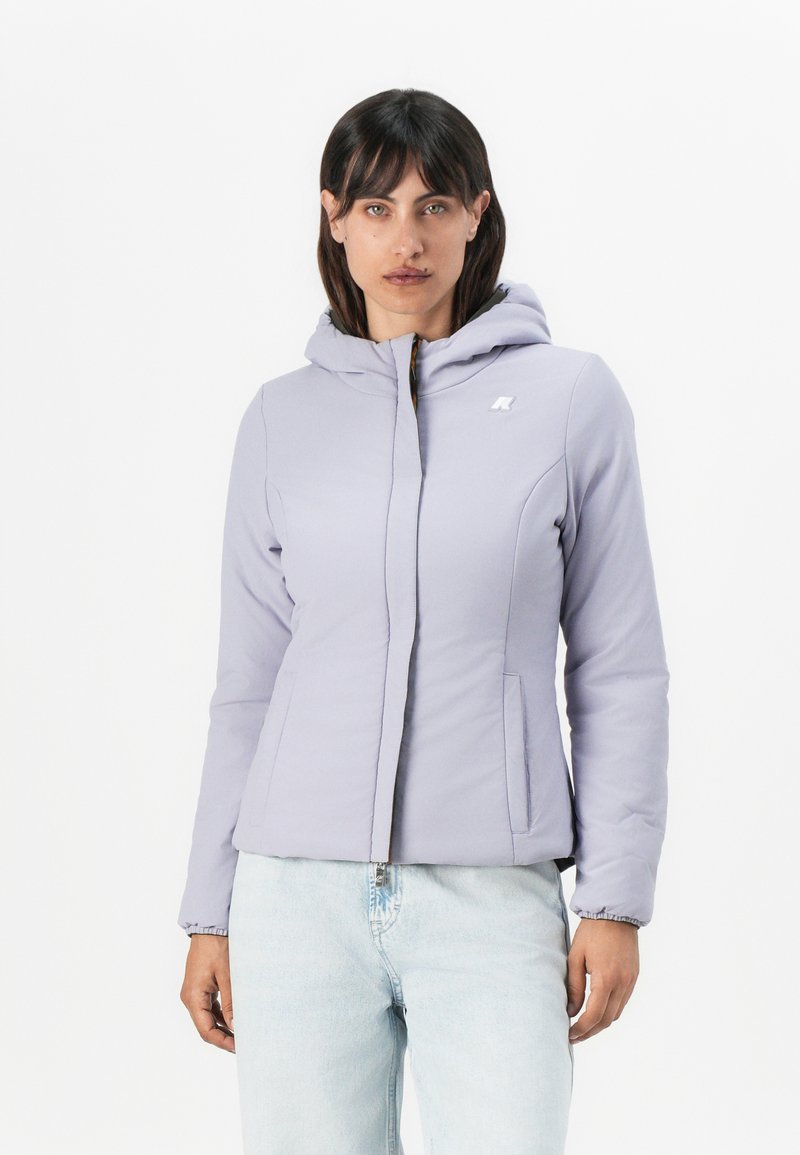 Light lavender hooded jacket with a zip front, side pockets, and elastic cuffs. Features a subtle logo on the chest. Smooth fabric texture.