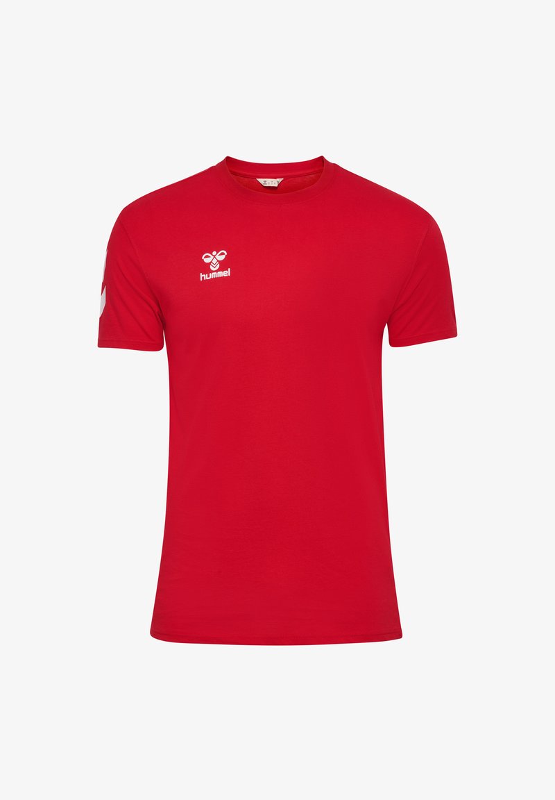 Rød bomulds T-shirt med rund hals, korte ærmer og hvidt logo på øverste venstre bryst. Har ensfarvet design uden mønstre.