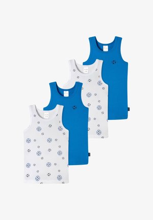 Fyra linnen i blått och vitt. De vita linnena har ett upprepat mönster av fotbollar, medan de blå är enfärgade. Material av bomull.