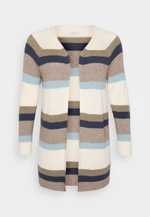 Long gilet à ouverture devant, présentant de larges rayures horizontales en crème, beige, bleu et marine. Texture tricotée douce ; sans fermetures.
