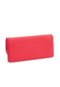 Textured, bright red fabric wallet, rectangular shape with a fold-over flap closure. Smooth finish, no visible accents or patterns.