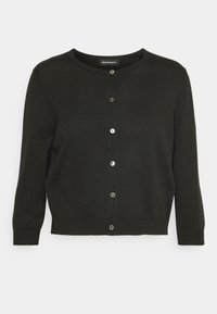 Dunkelgrüner Cardigan mit langen Ärmeln, rundem Ausschnitt und Knopfverschluss. Verfügt über eine gerippte Textur und kontrastierende Knöpfe.