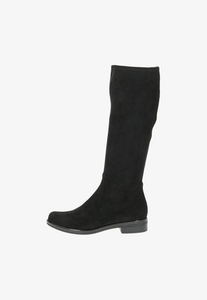 Stivali neri al ginocchio in morbido suede, con un design semplice, punta rotonda e un tacco basso con un leggero accento lucido.